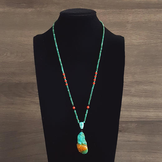 【天然正品】天然原矿高瓷高蓝锦鲤戏莲（好运连连）绿松石吊坠项链46.1*20.8*14.6MM（皆取最大值）中性271025NJM09 商品图6