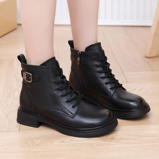 丁摩 短靴女头层牛皮圆头系带高帮靴秋冬复古百搭软底马丁靴单靴棉靴5ZF-2696 商品图3