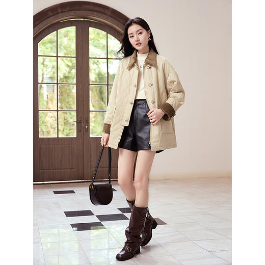  【年货节】熙世界飞机扣菱形格棉服外套女高级感灯芯绒翻领棉衣 商品图4