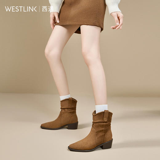 西遇复古西部牛仔靴女新款秋冬美拉德马丁靴棕色粗跟短靴子V2257291 商品图3