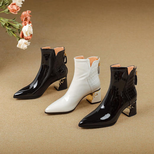 【预售5天】时尚粗跟切尔西靴女新款气质真皮尖头高跟马丁靴加绒短靴裸靴XME&898-822 商品图4