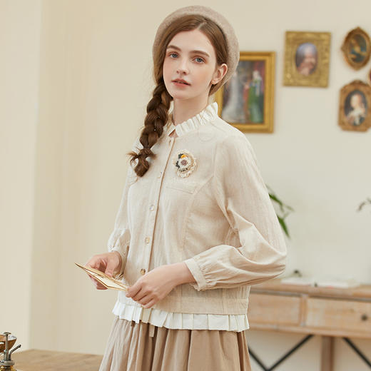 Famecoco范可儿花农诗人假两件棉麻衬衫女士秋款长袖开衫衬衣F225AB007 商品图3