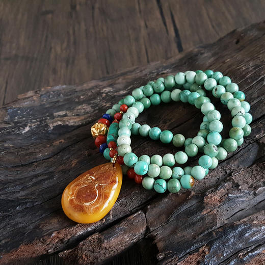 【天然正品】天然原矿高瓷蓝绿约6.6MM绿松石玛瑙珠串配鸡油黄蜜蜡吊坠项链33.3*23.6*7.6MM（皆取最大值）链长：35CM中性271025NJM10 商品图4