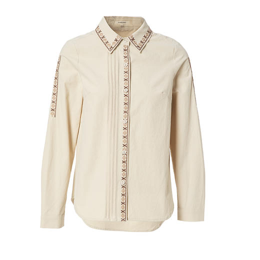 Famecoco范可儿杏色纯棉刺绣打底衬衫女长袖原创设计小众压褶衬衣F216BH026 商品图4