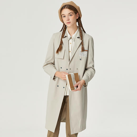 Famecoco范可儿卡其色女士风衣秋季纯棉长款外套高级气质F225AV002 商品图3