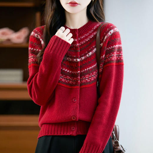 丁摩 100纯羊毛开衫女七针加厚圆领宽松毛衣398 商品图2