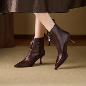 【预售5天】复古瘦瘦靴尖头高跟短靴真皮拼接前拉链舒适女鞋巨好看美拉德靴子XKDY&x8666