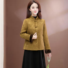 QYM 7258038-Y时尚棉衣印花国风复古盘扣棉服外套