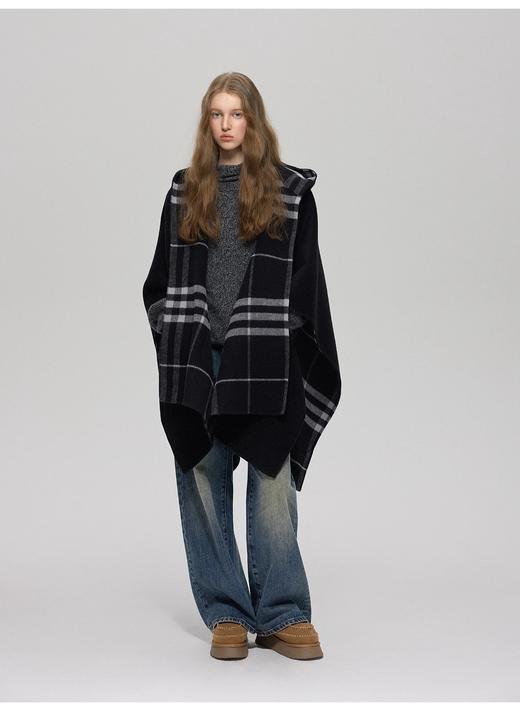 张婧仪同款黑色格纹双面呢披肩连帽外套 商品图0