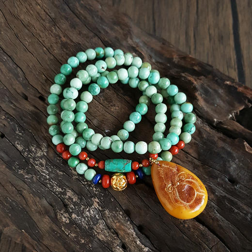 【天然正品】天然原矿高瓷蓝绿约6.6MM绿松石玛瑙珠串配鸡油黄蜜蜡吊坠项链33.3*23.6*7.6MM（皆取最大值）链长：35CM中性271025NJM10 商品图3