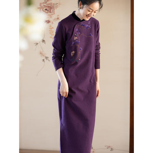 牧衣游原创 手工刺绣32支纯棉连衣裙冬文艺宽松新中式长裙 栖霜叶 商品图1