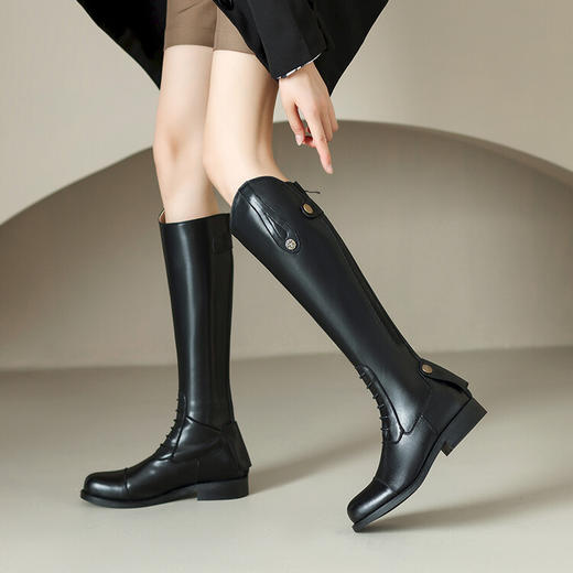 雀说 膝真皮铆钉高筒骑士靴长筒靴子 商品图0