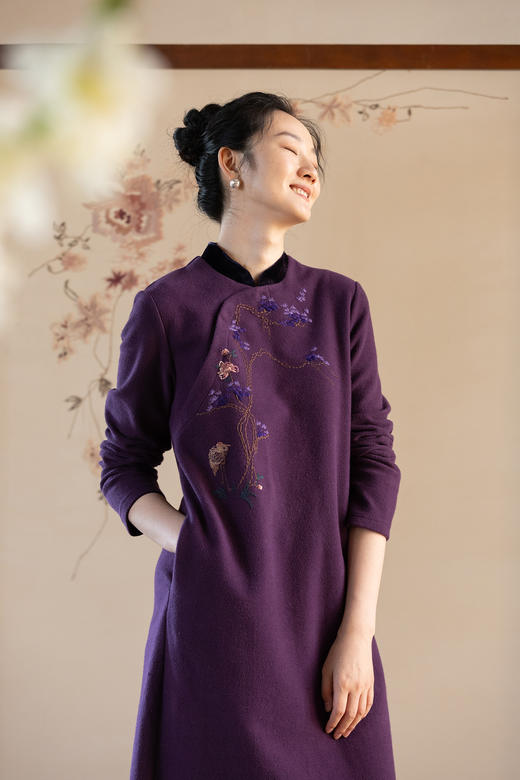 牧衣游原创 手工刺绣32支纯棉连衣裙冬文艺宽松新中式长裙 栖霜叶 商品图5