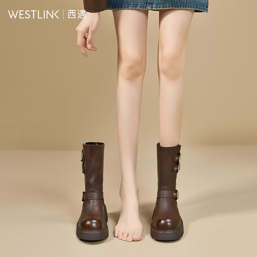 西遇厚底短靴女新款秋冬英伦风复古皮带扣机车马丁靴骑士靴子V2257273 商品图1