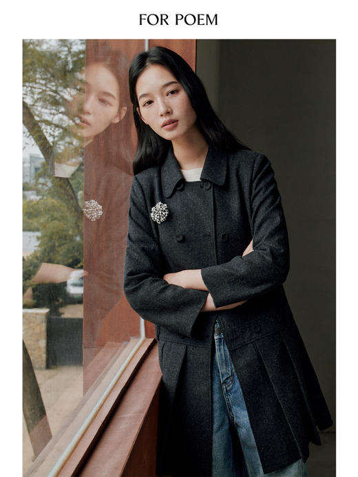 ForPoem 现货 25/FW原创设计小众羊毛混纺百褶深灰九分袖连衣裙外套 商品图2