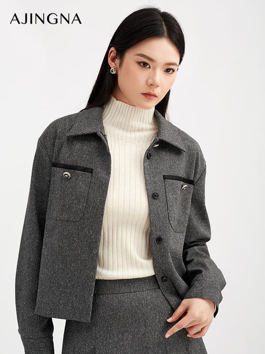 【商场同款】阿菁娜秋季新款星屑灰编织夹克微落肩宽松版型翻领设胸斗口细节A30Q107011 商品图1