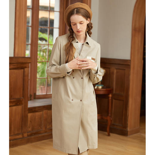 Famecoco范可儿卡其色女士风衣秋季纯棉长款外套高级气质F225AV002 商品图1