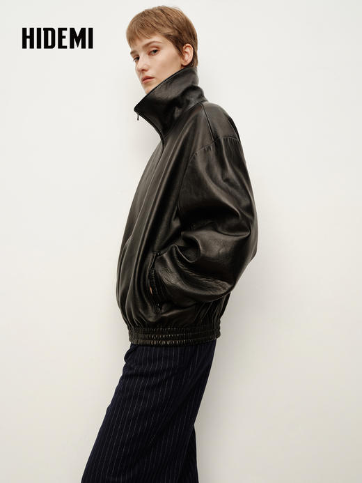 HIDEMI 进口西班牙胎羊皮极简立领短款夹克外套正反两穿廓形皮衣 商品图6