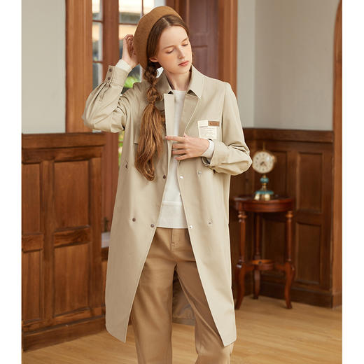 Famecoco范可儿卡其色女士风衣秋季纯棉长款外套高级气质F225AV002 商品图2