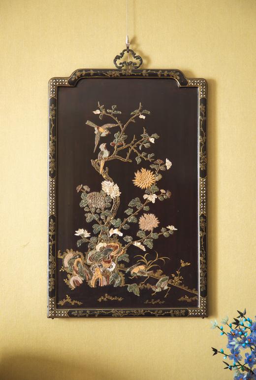 独角鹿西洋古董20世纪中国出品富贵花鸟主题木胎黑漆描金百宝嵌挂屏一对 商品图2