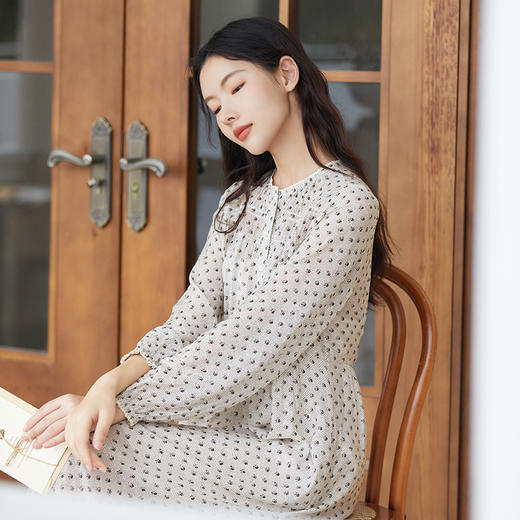 Famecoco范可儿花农诗人文艺印花连衣裙女士秋装收腰垂感长款F225FA024 商品图1