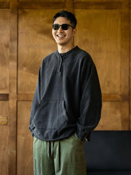 GYOZA PASTA/GP25AW-C057/复古亨利领反缝设计重磅水洗蜡染圆领卫衣 商品图3