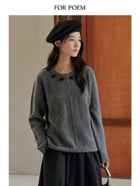 ForPoem 现货 25/FW原创设计立体花朵灰色牦牛绒针织衫简约套头毛衣