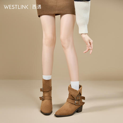 西遇美拉德短靴女新款秋冬两穿堆堆靴棕色尖头粗跟西部牛仔靴V2257292 商品图1