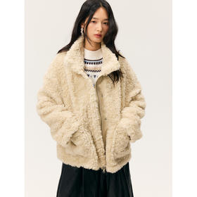 HeyDress羊剪绒卷毛立领拼皮外套