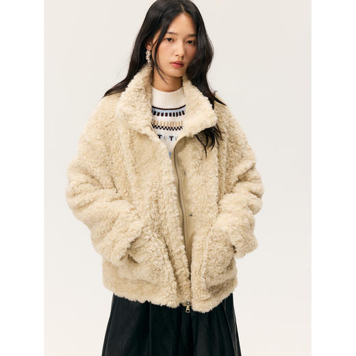 HeyDress羊剪绒卷毛立领拼皮外套 商品图0