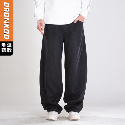 DRONKOO 2025 抽绳松紧腰两侧破缝前后喷色天丝一体绒厚牛仔长裤 商品图0