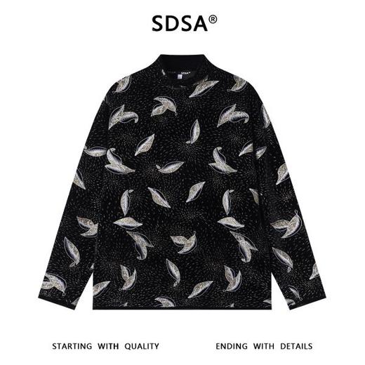 T4966SDSA秋冬新款痞帅男装韩版满印洒金树叶设计半高领长袖T恤百搭 商品图1