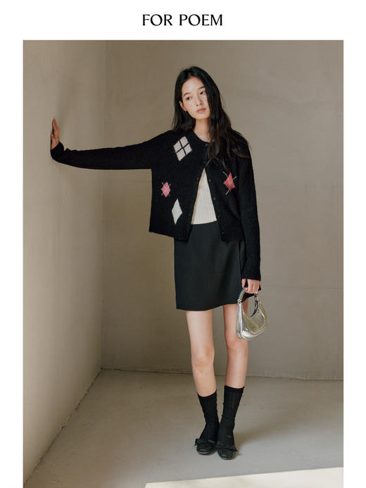 ForPoem 25/FW 原创设计撞色菱形格羊驼毛羊毛针织开衫外套女秋冬 商品图3