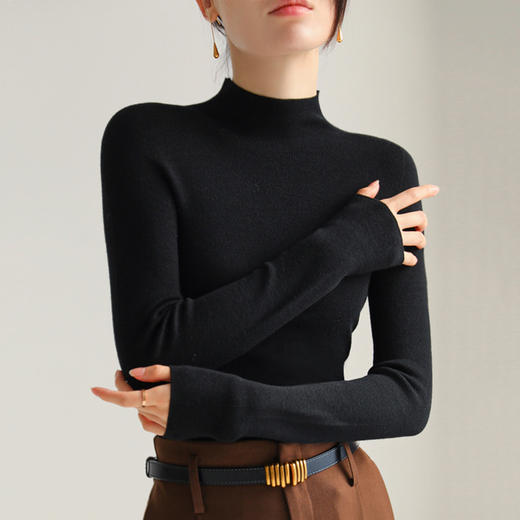 丁摩 100精纺羊毛半高领针织衫女打底衫贴身不扎毛衣62769 商品图3