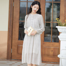 Famecoco范可儿花农诗人文艺印花连衣裙女士秋装收腰垂感长款F225FA024