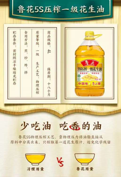 鲁花压榨一级花生油5L/瓶【MJ】 商品图3