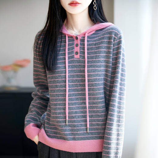丁摩  纯羊毛宽松连帽套头条纹打底针织衫毛衣M2-467 商品图3