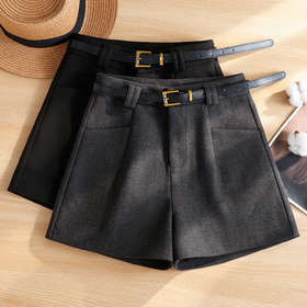 丁摩 高腰灰色毛呢五分短裤阔腿裤8029