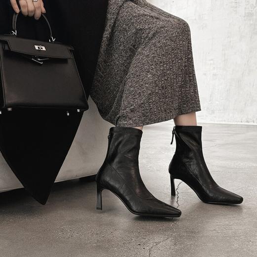 【预售5天】秋冬季法式复古高细跟瘦瘦短靴女棕色方头弹力后拉链名媛范DYJ&CX8214-1 商品图2