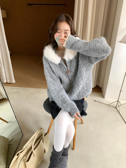 【YW】无忧购连帽毛领羊驼针织衫外套女秋冬款简约休闲开衫66179（截单后3-5天发货） 商品图6