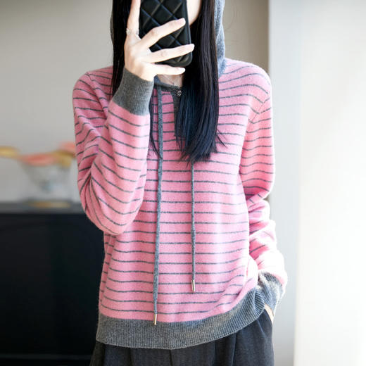 丁摩  纯羊毛宽松连帽套头条纹打底针织衫毛衣M2-467 商品图2