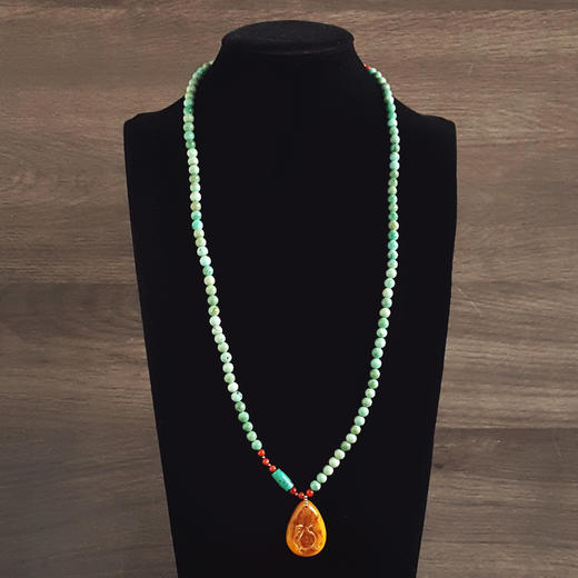 【天然正品】天然原矿高瓷蓝绿约6.6MM绿松石玛瑙珠串配鸡油黄蜜蜡吊坠项链33.3*23.6*7.6MM（皆取最大值）链长：35CM中性271025NJM10 商品图7