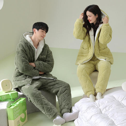 芬腾情侣睡衣冬季珊瑚绒三层加厚夹棉袄套装男女士抗菌防螨家居服 商品图4
