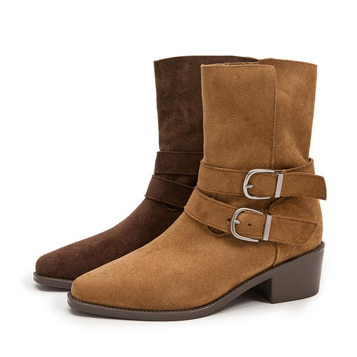 西遇美拉德短靴女新款秋冬两穿堆堆靴棕色尖头粗跟西部牛仔靴V2257292 商品图4