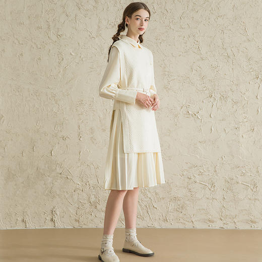 Famecoco范可儿杏色针织马甲连衣裙套装秋季小香风时尚两件套女F211EA110 商品图4