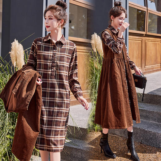 美拉德灯芯绒马甲连衣裙套装女2025年春季新款格子时尚高档两件套 商品图3