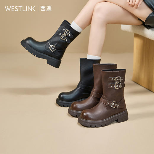 西遇厚底短靴女新款秋冬英伦风复古皮带扣机车马丁靴骑士靴子V2257273 商品图0