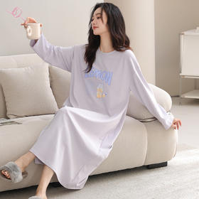 2025年秋季新品纯棉长袖过膝长款睡裙 可爱可外穿休闲简约家居服
