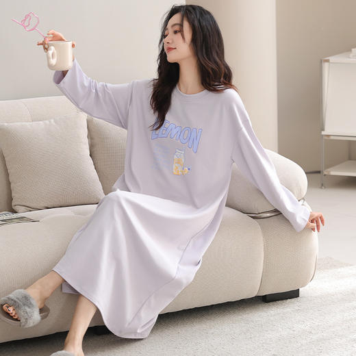 2025年秋季新品纯棉长袖过膝长款睡裙 可爱可外穿休闲简约家居服 商品图0