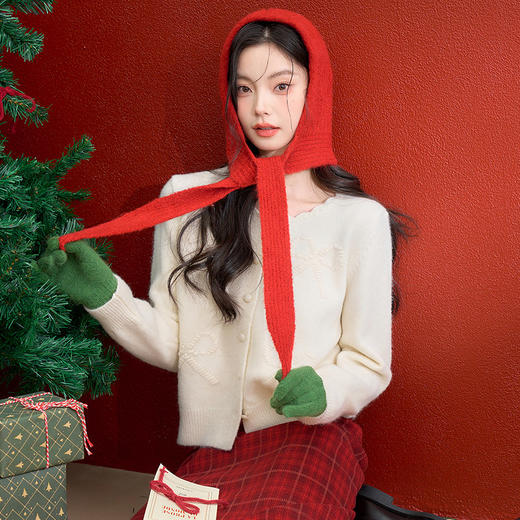西遇甜美立体蝴蝶结针织开衫女冬季新款花边圆领软糯毛衣外套H0055383 商品图0
